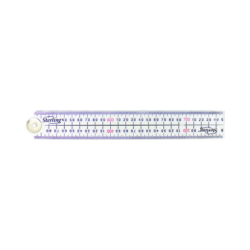 Plastic ruler with blue metric markings and red indicators, branded Sterling, laid flat on a white background