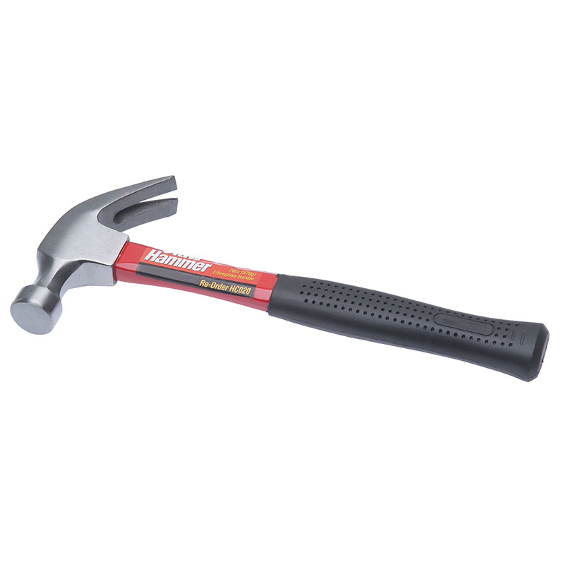 Claw hammer with a red shaft and black grip on a white background used for pounding nails.