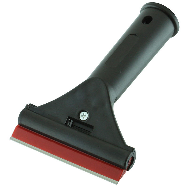 Black razor with a red blade cartridge and a curved black handle shown at an angle to the left.