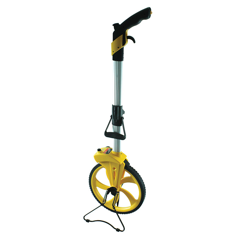 Yellow distance measuring wheel with black handle, used for rough surveying and measuring long distances
