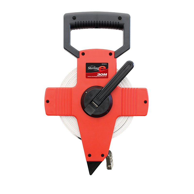 Red and black handheld tape measure with a long metal blade extended, used for measuring lengths in construction or DIY projects.