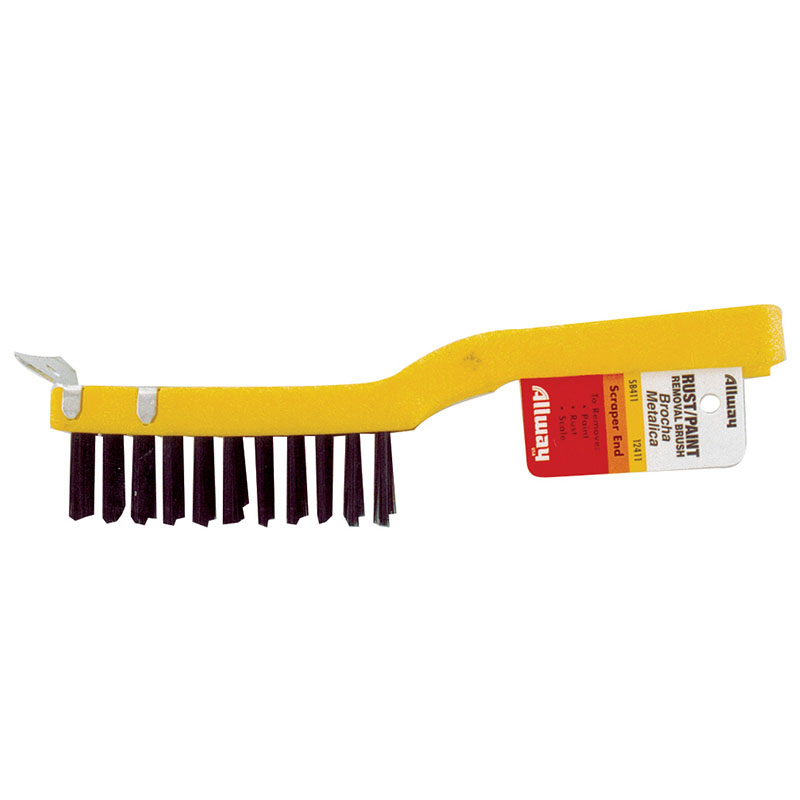Yellow-handled cleaning brush with stiff black bristles and a metal scraper on one end