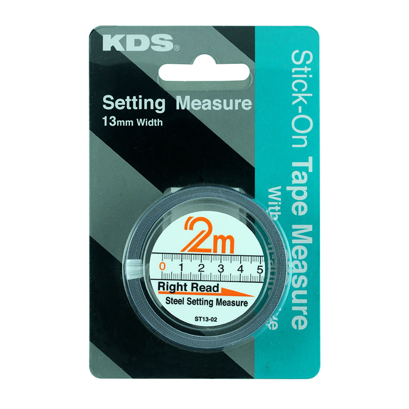 Product packaging for a KDS setting measure tape, showing a circular 2m steel ruler in a plastic case on a teal/black card labeled 'Setting Measure'