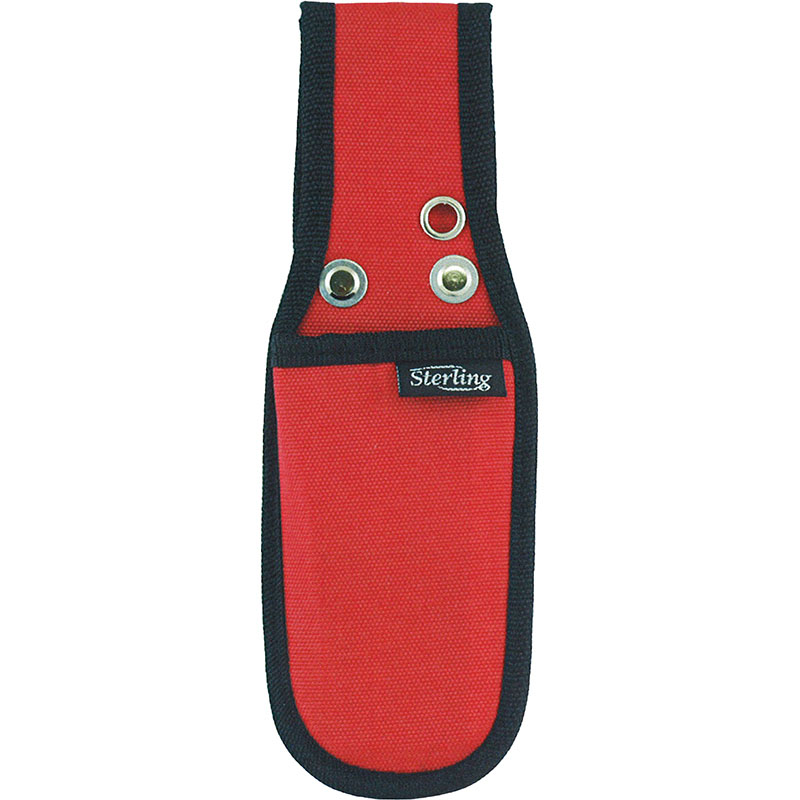 Red fabric tool sheath with black trim and silver grommets, branded Sterling.