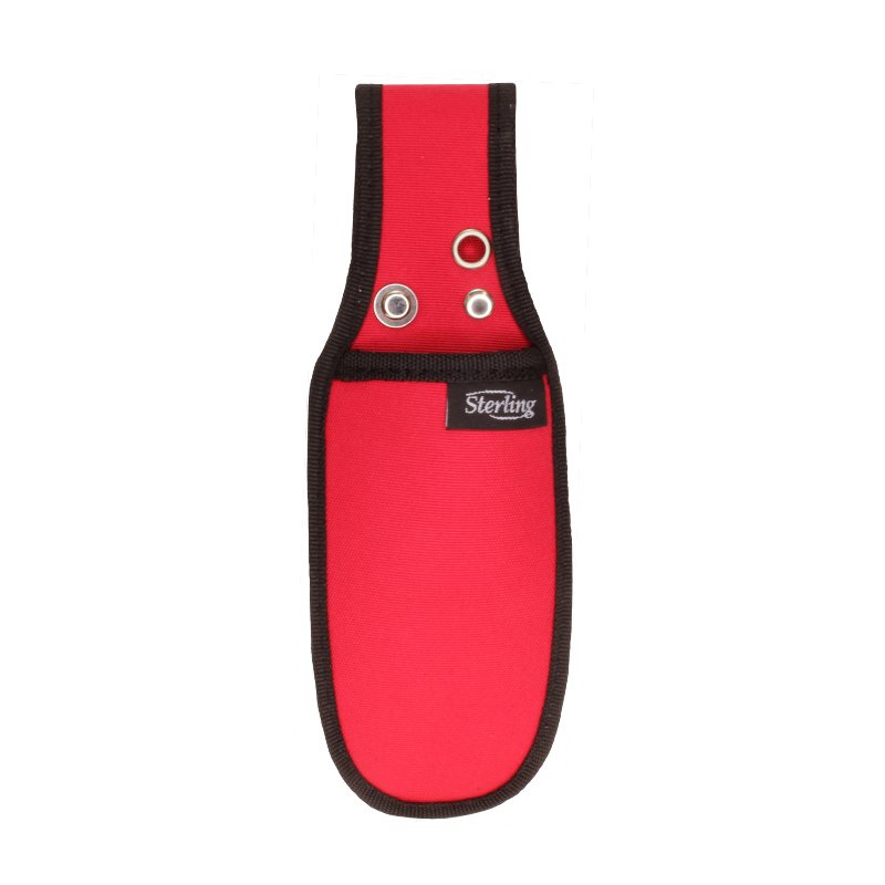 Red fabric knife sheath with black trim and Sterling label on pocket edge]("Note: ensure proper punctuation").