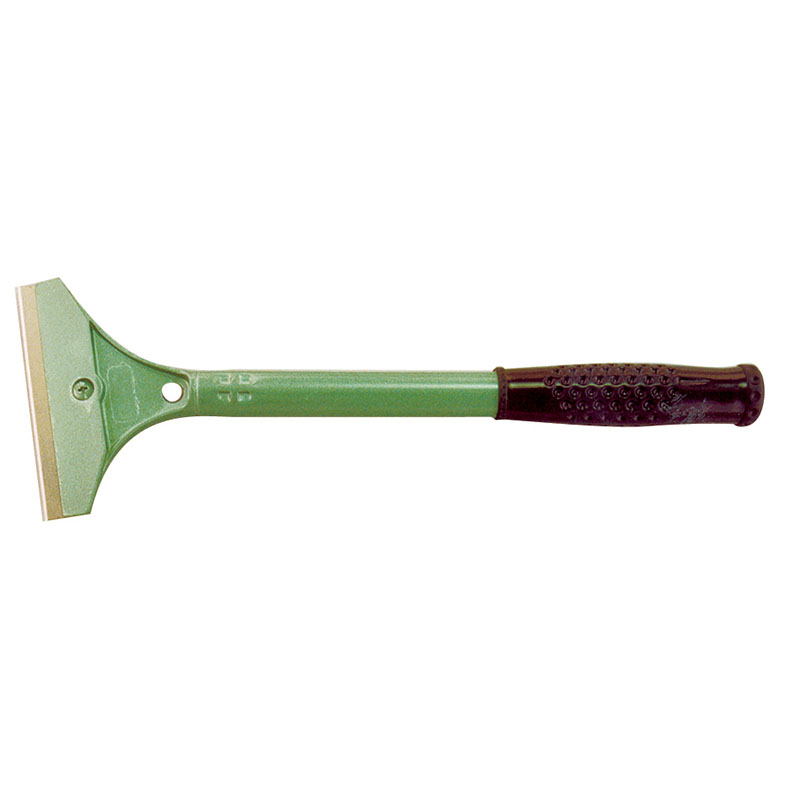 Green-handled scraper with beige blade for scraping paint or stickers from surfaces