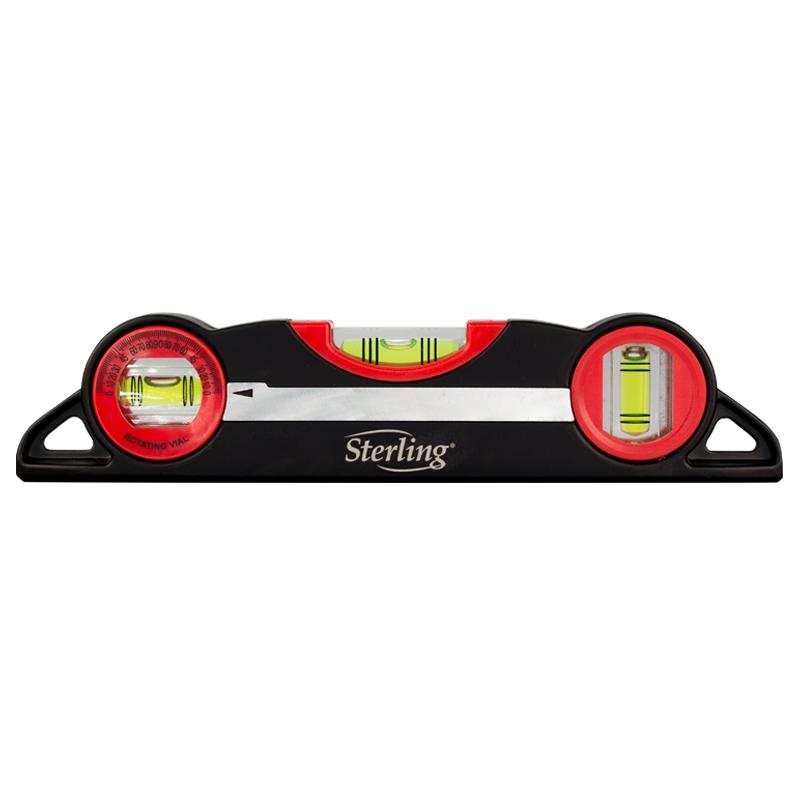 Sterling spirit level with bubble vials on each end resting on a black base.