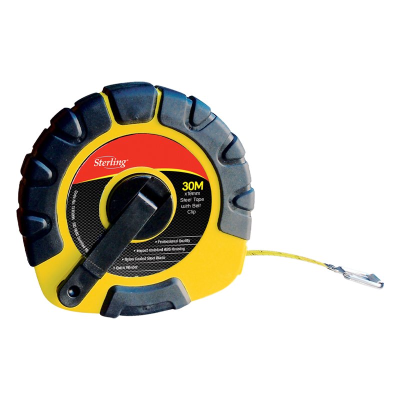 Yellow and dark gray tape measure reel with Sterling branding, labeled 30m, featuring a fold-out blade and belt clip.