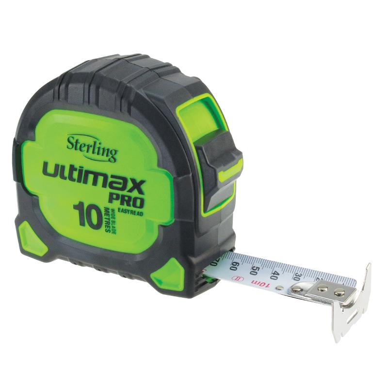 Compact tape measure with green and black housing labeled 'Ultimax Pro 10 meters', metal tape extended about 50 cm showing metric markings at 30–50 cm length