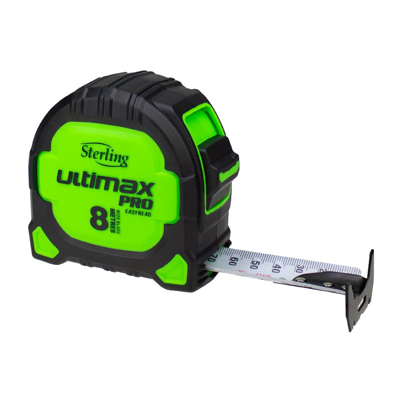Compact tape measure with neon green and black housing; metal blade extended to about 60 cm from the side edge.