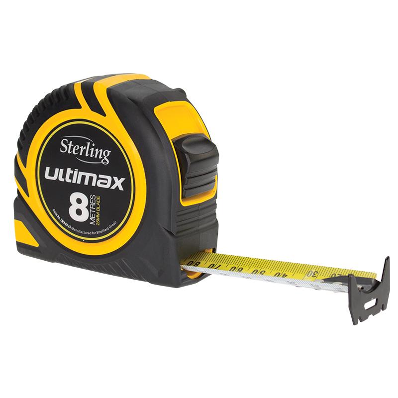 Measuring tape extended from a yellow and black Sterling Ultimax tape measure (about 30 cm shown)