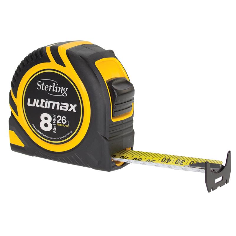 Yellow and black Sterling Ultimax retractable tape measure with the blade extended from the case.