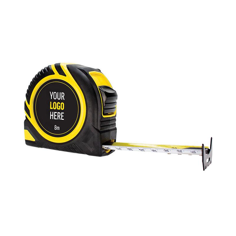 Retractable tape measure with a blank circular branding area on a yellow/black case, tape extended.