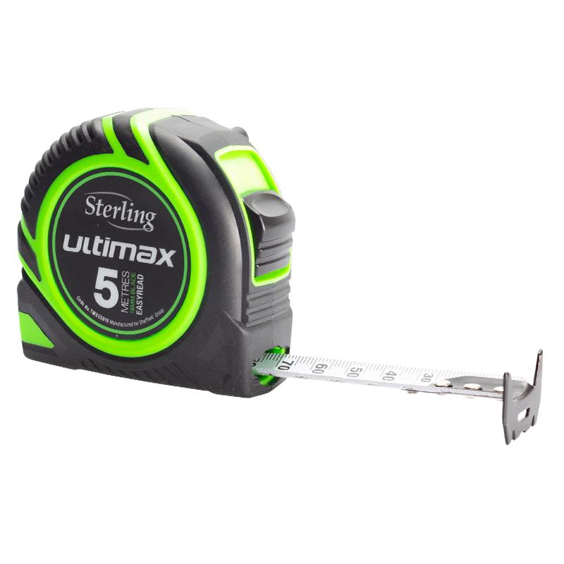 Compact retractable tape measure with neon green accents and metal measurement tape extended from the case, showing metric markings up to 50 cm and beyond.