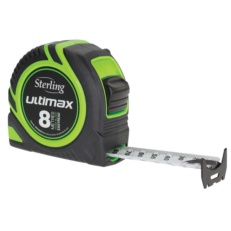 Sterling Ultimax tape measure with a green-and-black case and the blade extended to about 20 cm, showing metric marks.
