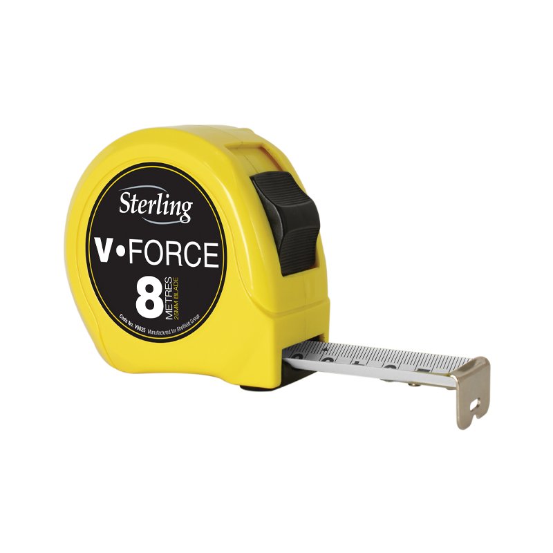 Yellow Sterling V-Force tape measure with a retractable metal blade extended to 8 m and a black lock button on top.