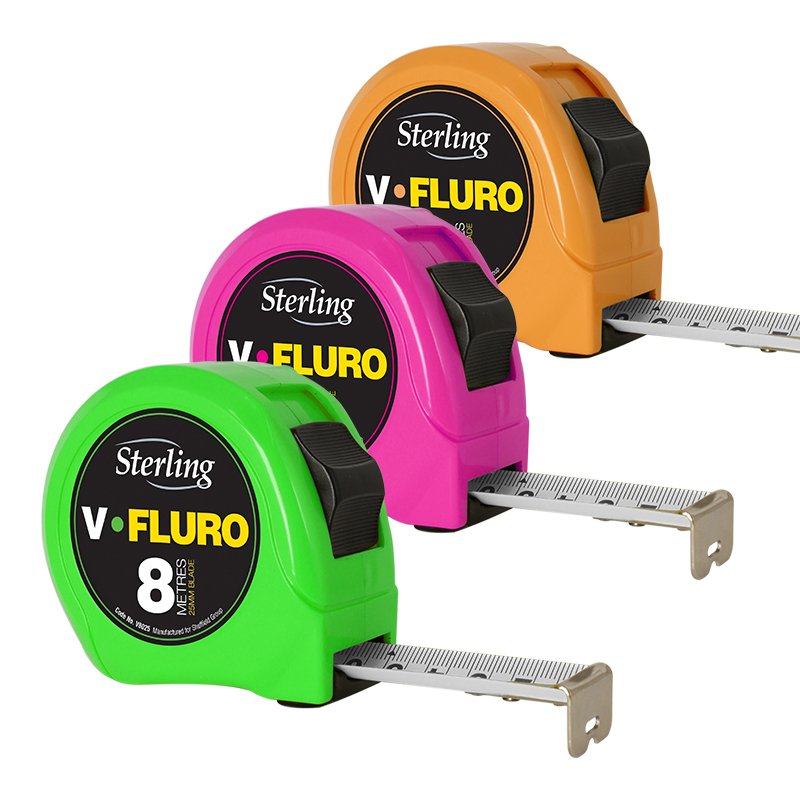 Colorful Sterling V-Fluro tape measures in green, pink, and orange with metal tape extended for measurement use (informative product image)