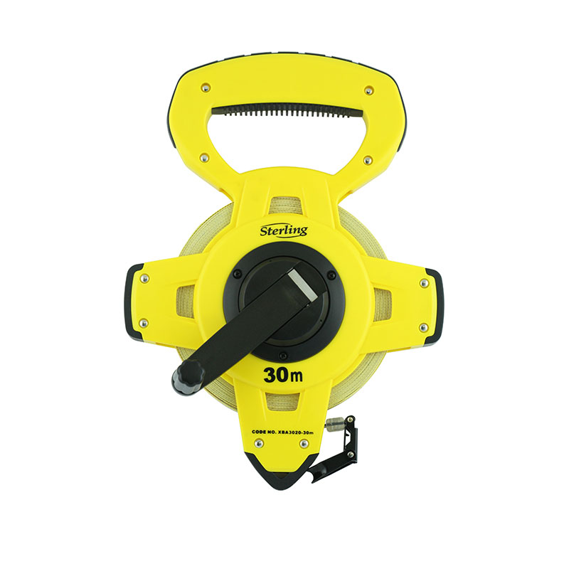 Yellow retractable tape measure reel with 30 m capacity and black hand crank, used for measuring distances in construction or surveying.