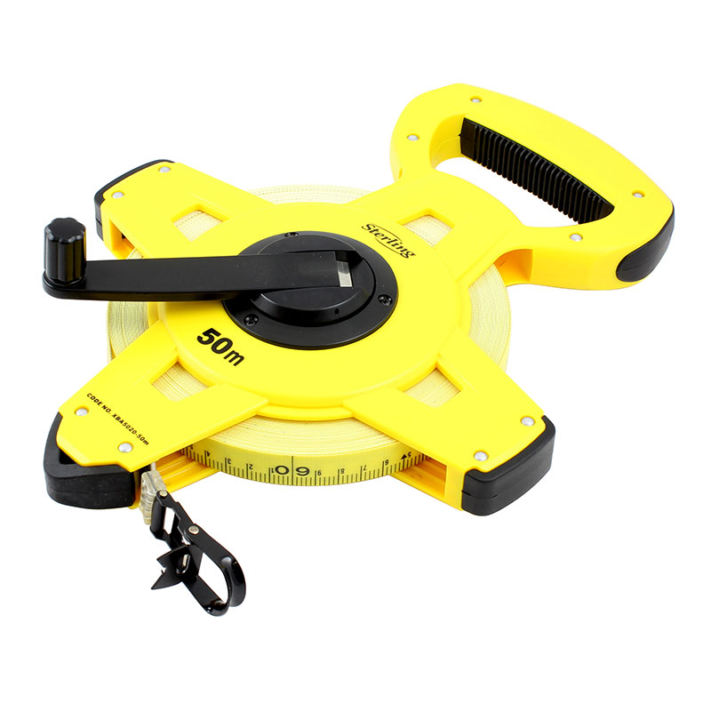 Yellow cross-shaped retractable tape measure with 50m tape and locking lever, used for long-distance measuring